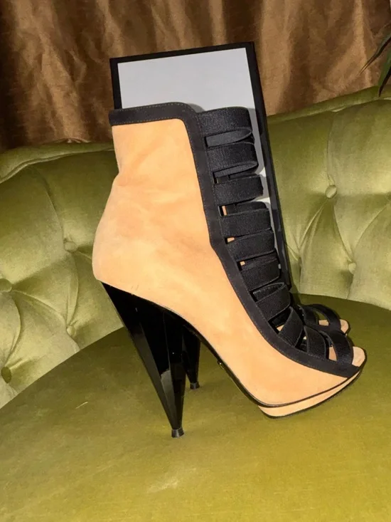 Gucci Brown/Black Suede and Fabric Olimpia Strappy Ankle Boots Size 38 - Picture 8 of 11